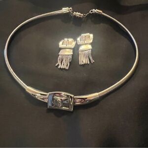 Whiting & Davis Mesh Choker Necklace Earring Set Belt Buckle Motif Signed